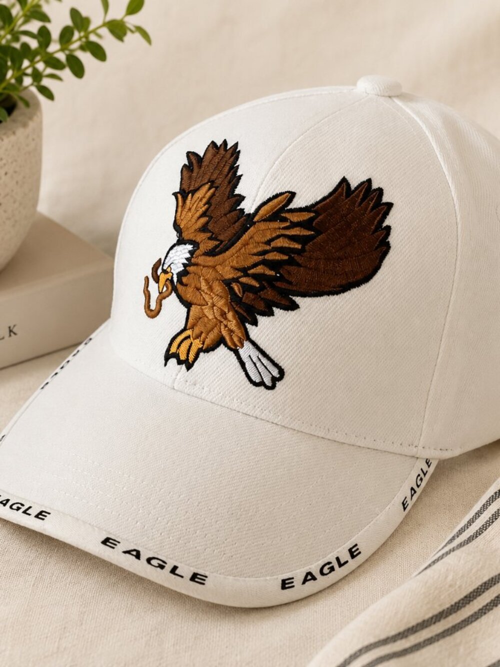 TK Sports Eagle Embroidered Adjustable Baseball Cap White Strapback Hat
